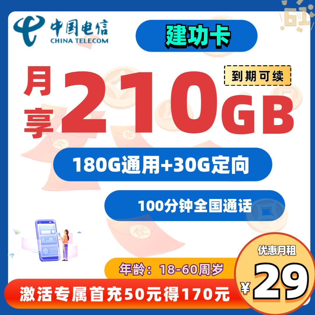 电信建功卡29元包180G通用+30G定向+100分钟通话