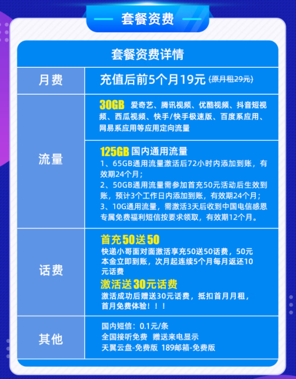 电信19元星卡套餐推荐|星卡一19元月租155G全国流量+首月0元免费用