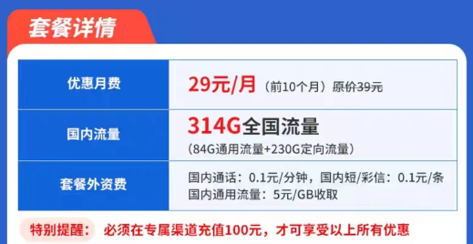 电信星卡优享版升级套餐|29元包含314G全国流量|超百款APP随意用