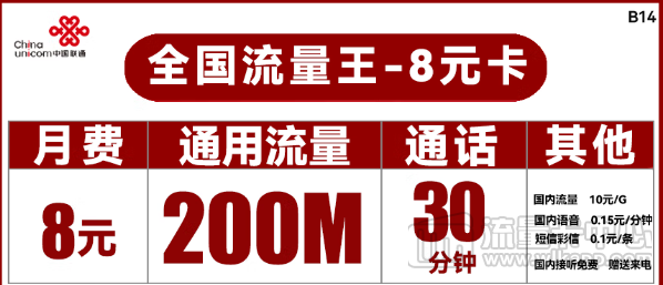 联通8元流量卡王卡！联通流量卡推荐!29.9元100G！