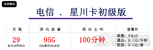 电信星川卡初级、中级卡|29元、39元|大流量免费领！