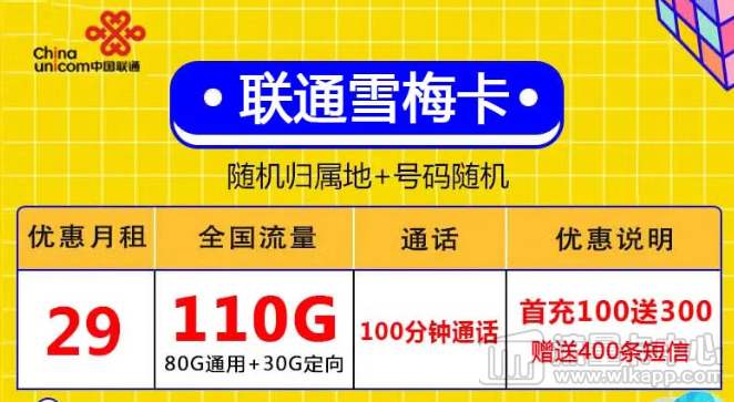 无合约全国用、激活充值100元得联通29元110G+自行激活